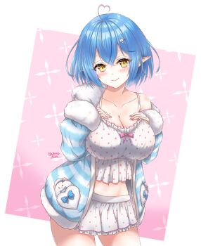 1girl ahoge aqua_jacket bare_shoulders blue_hair blush breasts camisole cleavage closed_mouth collarbone commentary_request daifuku_(yukihana_lamy) elf fluffy_clothes fur-trimmed_jacket fur-trimmed_sleeves fur_trim hair_between_eyes hair_ornament hololive jacket large_breasts long_sleeves looking_at_viewer loungewear midriff navel official_alternate_costume official_alternate_hair_length official_alternate_hairstyle pointy_ears polka_dot polka_dot_camisole short_hair sitting skirt sleepwear smile solo stomach unber_(megane_man) virtual_youtuber white_camisole white_skirt yellow_eyes yukihana_lamy yukihana_lamy_(roomwear) yukimin_(yukihana_lamy)
