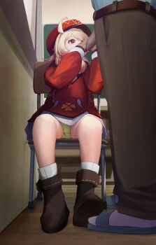 1boy 1girl age_difference akifn blonde_hair brown_footwear censored chair classroom commentary_request fellatio female_masturbation full_body genshin_impact green_panties hat hetero highres klee_(genshin_impact) loli masturbation mosaic_censoring on_chair oral panties pantyshot penis red_eyes sandals sex_toy shoes sitting size_difference socks solo_focus underwear vibrator vibrator_cord vibrator_under_clothes vibrator_under_panties white_socks