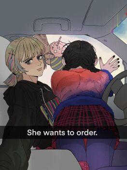 1boy 2girls absurdres the_addams_family bisexual_flag black_coat black_hair black_nails black_skirt blonde_hair blue_eyes car coat english_text enid_sinclair from_behind he_wants_to_order_(meme) highres looking_at_viewer low_twintails medium_hair meme milkshake motor_vehicle multicolored_hair multicolored_sweater multiple_girls nail_polish on_car pantyhose pleated_skirt purple_pantyhose serious short_hair skirt sky streaked_hair sweater tuxiaoning_not twintails wednesday_(netflix) wednesday_addams