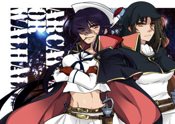 2girls arcadia arcadia_(cosplay) ascot text_background belt black_cape black_capelet black_hair blouse blue_neckwear bow brown_belt brown_eyes brown_gloves cape capelet closed_mouth commentary cosplay crocroxxx crossed_arms dark-skinned_female dark_skin dixie_cup_hat english_commentary english_text eyes_visible_through_hair frown girls_und_panzer gloves hair_bow hair_over_one_eye half-closed_eyes harlock_saga hat hat_feather hood hood_up hooded_capelet long_hair long_sleeves midriff military_hat miniskirt mouth_hold multiple_girls murakami_(girls_und_panzer) navel neckerchief ogin_(girls_und_panzer) ooarai_naval_school_uniform outside_border pleated_skirt ponytail red_bow red_eyes sailor sailor_collar scabbard scar scar_on_face school_uniform scimitar sheath shirt side-by-side skirt skull_and_crossbones sky smirk smoking_pipe star_(sky) starry_sky sword weapon white_headwear white_neckwear white_shirt white_skirt