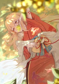 Rule 34 | 1girl, absurdres, alternate costume, alternate hairstyle, animal print, arm tattoo, arm up, blonde hair, breasts, commentary request, covering own mouth, cowboy shot, dappled sunlight, fish print, floral print, floral print kimono, flower, flower tattoo, genshin impact, hair between eyes, hair down, hair spread out, hand on own face, hand on own stomach, highres, holding, holding flower, japanese clothes, kimono, long hair, looking at viewer, looking to the side, lying, meadow, neck tattoo, obi, orange eyes, orange kimono, outdoors, print kimono, red kimono, sash, sazanami (re n rentaro), shadow, solo, sunlight, tattoo, watermark, white sash, yoimiya (genshin impact)