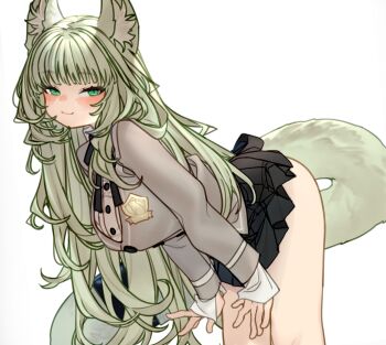 1girl animal_ear_fluff animal_ears arknights bent_over black_ribbon blush buttons cardigan closed_mouth commentary cowboy_shot green_eyes green_hair green_tail grey_cardigan harmonie_(arknights) highres kochiya_(gothope) layered_sleeves light_smile long_hair long_sleeves looking_at_viewer neck_ribbon nose_blush paid_reward_available ribbon shirt simple_background sleeves_past_wrists solo standing tail white_background white_shirt