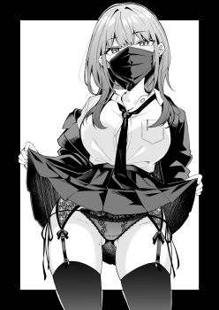 1girl absurdres black_border border breast_pocket breasts clothes_lift collared_shirt commentary_request cowboy_shot greyscale highres hitotose_hirune jacket lace lace_garter_belt lace_panties lifting_own_clothes looking_at_viewer mask medium_breasts medium_hair monochrome mouth_mask necktie off_shoulder open_clothes open_jacket original outside_border panties pleated_skirt pocket school_uniform shirt shirt_tucked_in side-tie_panties skirt skirt_lift solo standing thighhighs underwear white_background