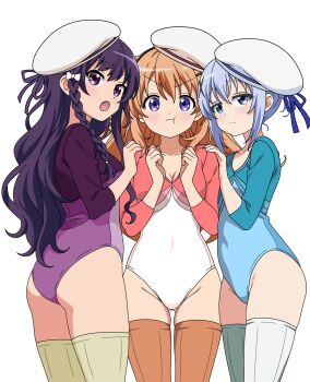 3girls 6kan alternate_hair_length alternate_hairstyle beret blue_eyes blue_hair blue_leotard braid braided_bun breasts brown_eyes brown_thighhighs commentary_request commission cosplay double_bun girlfriend_(kari) gochuumon_wa_usagi_desu_ka? grey_thighhighs hair_bun hair_down hair_ornament hairclip hat highres hoto_cocoa kafuu_chino leotard looking_at_viewer medium_breasts multiple_girls pixiv_commission pout purple_eyes purple_hair purple_leotard shiina_kokomi shina_kokomi_(cosplay) simple_background single_braid tedeza_rize thighhighs three-quarter_sleeves wavy_hair white_background white_hat x_hair_ornament