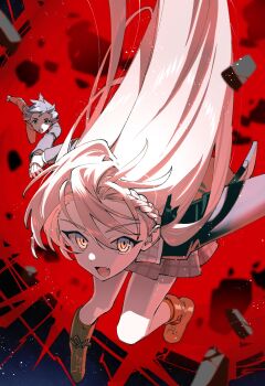 Rule 34 | 1boy, 1girl, boots, braid, falling, fang, highres, holding hands, hoshina aru, kimi wa shuumatsu, kuromori yutaka, long hair, minakata sunao, red theme, short hair, skin fang