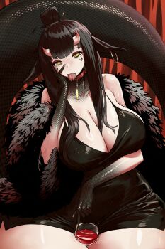 1girl alcohol animal_hands bare_shoulders between_thighs black_dress black_hair blunt_bangs breasts coat collar collarbone commentary cup curvy dress drinking_glass earrings fur_coat haraya_manawari heart heart-shaped_pupils highres horns indie_virtual_youtuber jewelry large_breasts long_hair looking_at_viewer saa_(vtuber) scales shiny_scales shiny_skin sideboob snake_girl snake_tail solo symbol-shaped_pupils tail thick_thighs thighs tongue tongue_out virtual_youtuber wine wine_glass yellow_eyes