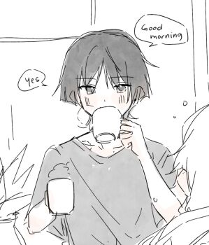 1boy 1girl blunt_ends clenched_hand collarbone cup drinking english_text genshin_impact greyscale hands_up highres holding holding_cup indoors light_blush looking_at_viewer monochrome plant potted_plant scaramouche_(genshin_impact) shirt short_sleeves sketch speech_bubble wispy_bangs yoontrsh