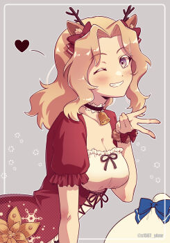 1girl alternate_costume animal_ears bell blonde_hair blue_eyes blush breasts christmas commentary_request deer_ears dress fake_animal_ears girls_und_panzer grey_background heart highres kay_(girls_und_panzer) large_breasts long_sleeves looking_at_viewer neck_bell one_eye_closed red_dress s1567_ykmr sack short_hair simple_background smile solo standing teeth upper_body v