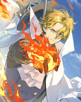 Rule 34 | 1boy, ascot, black gloves, black hat, black shirt, blue vest, cape, closed mouth, cloud, commentary request, devil fruit power, fire, frown, gloves, goggles, goggles on headwear, hat, male focus, mystical high collar, one piece, outstretched arm, parted hair, pyrokinesis, sa alkali22, sabo (one piece), scar, scar across eye, scar on face, shirt, sky, solo, top hat, vest, white cape, yellow eyes