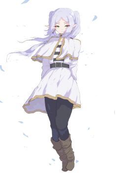 1girl arms_behind_back belt black_boots black_pantyhose boots capelet closed_mouth commentary dress elf falling_petals frieren full_body highres kaneko_ryou long_hair long_sleeves looking_at_viewer pantyhose petals pointy_ears simple_background solo sousou_no_frieren standing twintails white_background white_capelet white_dress