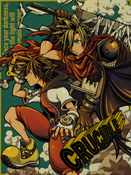 Rule 34 | 2boys, absurdres, aechin0130, armor, black wings, blonde hair, boots, brown gloves, brown hair, buster sword, chain, chain necklace, cloak, closed mouth, cloud strife, commentary, demon wings, english commentary, final fantasy, final fantasy vii, fingerless gloves, gloves, hair between eyes, highres, holding, holding sword, holding weapon, jewelry, keyblade, kingdom hearts, male focus, multiple boys, necklace, pauldrons, red cloak, short hair, shoulder armor, single pauldron, single wing, sora (kingdom hearts), spiked hair, sword, twitter username, weapon, white gloves, wings, yellow boots