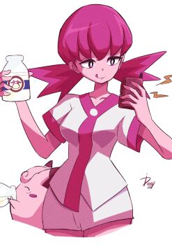 1girl bottle clefairy gen_1_pokemon gen_2_pokemon highres ida_(idalol490) mature_female milk_bottle miltank moomoo_milk nintendo pokemon pokemon_gsc solo whitney_(pokemon)