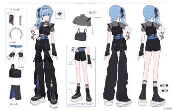 1girl black_boots black_shirt black_shorts blue_eyes blue_hair boots chatter_chatter commentary_request fishnet_socks fishnets flat_chest full_body hololive hoshimachi_suisei multiple_views reference_sheet see-through_clothes see-through_shirt shirt shorts shugao side_ponytail simple_background socks virtual_youtuber white_background