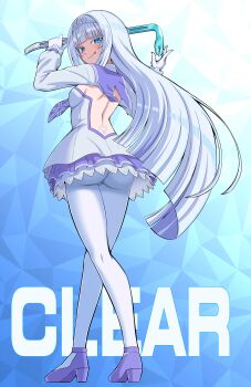 1girl absurdres ass backless_dress backless_outfit blue_eyes blush breasts character_request closed_mouth commentary_request commission copyright_request crowbar dress full_body gloves grey_hair heart high_heels highres holding holding_crowbar long_hair long_sleeves looking_at_viewer looking_back pantyhose pokemoa purple_sailor_collar sailor_collar skeb_commission smile solo tiara tongue tongue_out very_long_hair white_dress white_gloves white_pantyhose