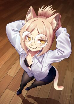 1girl animal_ear_fluff animal_ears animal_nose arms_behind_head black_bra black_shoes black_skirt blonde_hair blush bra breasts buttons cat_ears cat_girl cat_tail cleavage collarbone commentary english_commentary fang folded_ponytail from_above full_body furry furry_female glasses highres hitoner jacket lalinowl long_sleeves looking_at_viewer parted_bangs partially_open_shirt partially_unbuttoned pencil_skirt round_eyewear shadow shirt shoes skin_fang skirt slit_pupils small_breasts snout solo tail tonerico underwear whiskers white_shirt wooden_floor yellow_eyes yellow_fur