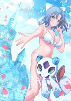 1girl back_bow bare_shoulders bikini blue_eyes blue_sky blush body_blush bow breasts castle cleavage cleavage_cutout closed_mouth clothing_cutout cloud cloudy_sky collarbone colored_sclera colored_skin crossover cryokinesis day falling_petals front-tie_bikini_top front-tie_top froslass gen_4_pokemon gogat8 grey_hair groin hair_bow highres ice ice_castle large_breasts looking_at_viewer navel nintendo outdoors parted_bangs petals pokemon pokemon_(creature) purple_skin senran_kagura senran_kagura_peach_beach_splash senran_kagura_shinovi_versus short_hair skindentation sky smile standing striped_bow swimsuit tower underboob white_bikini white_bow yellow_sclera yumi_(senran_kagura)