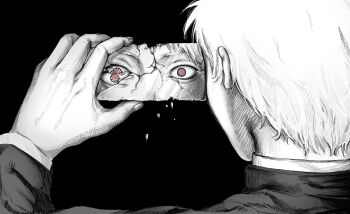 Rule 34 | 1boy, black background, broken mirror, fingernails, gakuran, greyscale, hashtag-only commentary, hikaru ga shinda natsu, indou hikaru, looking at mirror, male focus, master master01, mirror, monochrome, red eyes, red pupils, school uniform, short eyebrows, short hair, simple background, solo