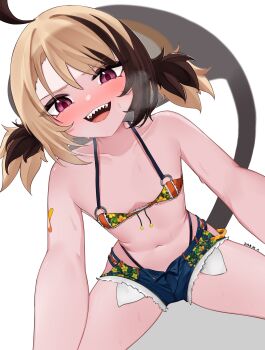 1girl absurdres ahoge ausseh1 bikini blush brown_hair collarbone denim denim_shorts flat_chest foreshortening gigi_murin highres hololive hololive_english loli micro_bikini multicolored_hair navel open_mouth pink_eyes sharp_teeth short_shorts short_twintails shorts simple_background smile solo stomach swimsuit tail teeth twintails virtual_youtuber