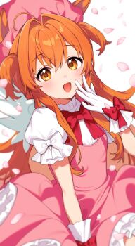 1girl animal_ears blush bow breasts cardcaptor_sakura commentary_request cosplay dress ears_through_headwear glove_bow gloves hair_between_eyes hat highres horse_ears horse_girl horse_tail inuyama_nanami kinomoto_sakura kinomoto_sakura_(cosplay) kinomoto_sakura_(magician) long_hair looking_at_viewer magical_girl mayano_top_gun_(umamusume) open_mouth orange_eyes orange_hair petals pink_dress pink_hat puffy_short_sleeves puffy_sleeves red_bow short_sleeves smile solo tail umamusume white_gloves wings