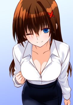 1girl ;) black_skirt blue_eyes breasts brown_hair cleavage collarbone engo_(aquawatery) hair_ornament large_breasts looking_at_viewer lyrical_nanoha mahou_shoujo_lyrical_nanoha_exceeds:_gun_blaze_vengeance naughty_face one_eye_closed seductive_smile shirt skirt smile solo white_shirt x_hair_ornament yagami_hayate