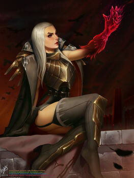 1girl animal armor bird black_coat boots breastplate brown_footwear brown_gloves coat colored_skin garter_straps gloves grey_hair high_heel_boots high_heels highres league_of_legends long_hair looking_up red_background red_coat red_lips red_skin sitting swain_(league_of_legends) themaestronoob thigh_boots two-sided_coat two-sided_fabric watermark web_address