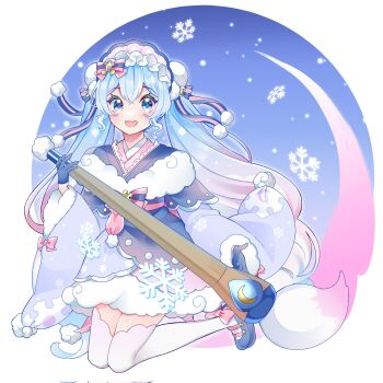 1girl aqua_hair blue_bonnet blue_eyes blue_gloves blue_shoes blush bonnet bow commentary_request curly_hair dress footwear_bow full_body fur-trimmed_sleeves fur_trim giant_brush gloves gradient_legwear hair_between_eyes hair_bow hair_ornament half_gloves hand_up hatsune_miku highres holding holding_brush holding_paintbrush japanese_clothes kimono kneeling layered_dress long_hair long_sleeves looking_at_viewer masumofu multicolored_hair official_alternate_costume official_alternate_hairstyle open_mouth paintbrush pink_bow pink_hair pink_thighhighs pom_pom_(clothes) pom_pom_hair_ornament shoes short_dress short_kimono smile snowflake_print streaked_hair thighhighs twintails two-tone_hair umbrella very_long_hair vocaloid yuki_miku yuki_miku_(2023) zettai_ryouiki