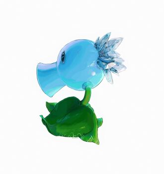 Rule 34 | artist name, ben-day dots, blue eyes, commentary, from side, full body, highres, hightguy, leaf, no humans, plants vs. zombies, screentones, snow pea (plants vs. zombies), solo, white background