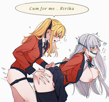 2girls black_pantyhose black_ribbon black_skirt blonde_hair blush breasts breasts_out clothes_lift clothes_pull commentary_request dildo dogbrooo english_text gagged grabbing_another's_ass groping hair_ribbon highres jacket kakegurui large_breasts momobami_ririka multiple_girls nipples open_mouth pantyhose pantyhose_pull pleated_skirt pussy_juice red_eyes red_jacket ribbon saotome_mary sex sex_from_behind sex_toy simple_background skirt skirt_lift speech_bubble strap-on twintails white_background yuri