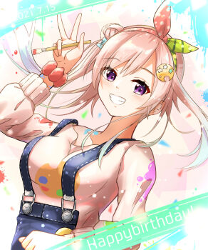 1girl airani_iofifteen airani_iofifteen_(1st_costume) blonde_hair blue_suspenders blush closed_mouth commentary_request hair_ornament hairpin happy_birthday highres holding holding_paintbrush hololive hololive_indonesia looking_at_viewer medium_hair paintbrush purple_eyes shirt smile solo u_da_desu virtual_youtuber white_shirt