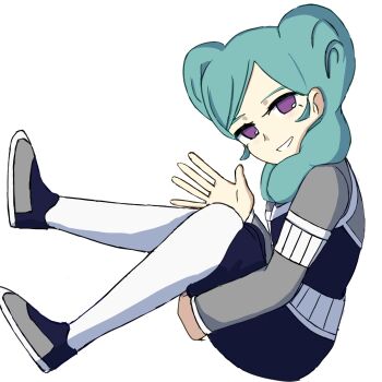 1girl aqua_hair beta_(inazuma_eleven) blue_pants blue_vest bodysuit breasts commentary double_bun from_side full_body grey_bodysuit grey_shoes hair_bun highres inazuma_eleven_(series) inazuma_eleven_go inazuma_eleven_go_chrono_stone looking_at_viewer medium_hair no_pupils pants purple_eyes rrkh66 shoes sitting small_breasts solo thighhighs vest waving white_thighhighs