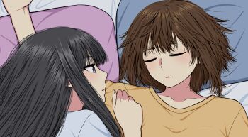 2girls absurdres black_hair blue_eyes brown_hair closed_eyes commentary_request cuddling highres long_hair looking_at_another multiple_girls on_bed original parted_lips pillow ryuusa shirt short_hair sleeping white_shirt yellow_shirt yuri