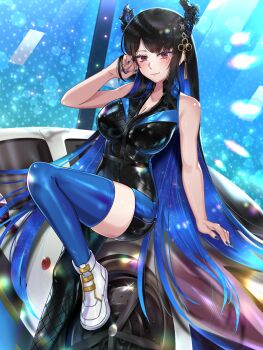 1girl asymmetrical_horns bare_arms black_bodysuit black_hair blue_hair blue_nails blue_thighhighs bodysuit breasts car colored_inner_hair flower flower_knot grin hair_ornament hand_up highres hololive hololive_english horn_flower horns jewelry large_breasts liyan1112 long_hair looking_at_viewer mole mole_under_eye motor_vehicle multicolored_hair nail_polish necklace nerissa_ravencroft on_car purple_eyes shoes sidelocks single_leg_bodysuit single_thighhigh sitting smile sneakers solo straight_hair tassel tassel_hair_ornament thighhighs uneven_horns very_long_hair virtual_youtuber white_shoes