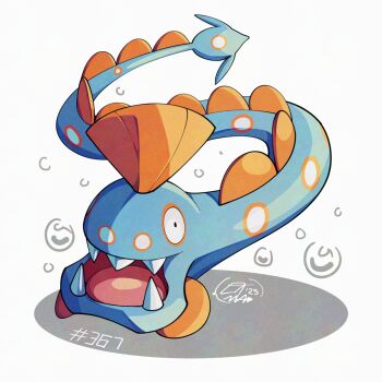 commentary english_commentary fangs gen_3_pokemon huntail looking_at_viewer mistray-art nintendo no_humans numbered open_mouth pokemon pokemon_(creature) sea_snake signature simple_background solo white_background