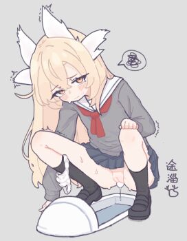 1girl ausonlee black_socks blonde_hair blush commentary dated_commentary grey_background loli long_hair long_sleeves neckerchief original panties panties_around_leg pleated_skirt pussy red_neckerchief sailor_collar school_uniform shoes simple_background skirt socks solo spoken_squiggle squatting squiggle trembling underwear white_panties white_sailor_collar