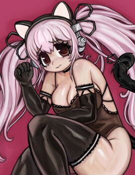 Rule 34 | 1girl, animal ear headphones, animal ears, bare shoulders, black camisole, black choker, black gloves, black pantyhose, black ribbon, breasts, camisole, cat ear headphones, cat ears, cat tail, choker, cleavage, closed mouth, collarbone, commentary, elbow gloves, english commentary, fake animal ears, gloves, headphones, highres, huge breasts, long hair, looking at viewer, nitroplus, pantyhose, paw pose, pink background, pink eyes, pink hair, plushvampy, ribbon, simple background, super sonico, tail, twintails, wavy mouth