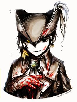 Rule 34 | 1girl, ascot, binah (project moon), black coat, black eyes, black gloves, black hair, black hat, blonde hair, blood, blood on clothes, blood on hands, bloodborne, brooch, coat, cosplay, gem, gloves, green gemstone, hat, hat feather, heterochromia, highres, jewelry, lady maria of the astral clocktower, lady maria of the astral clocktower (cosplay), lobotomy corporation, multicolored hair, parted lips, project moon, solo, streaked hair, surumenabe, tricorne, white ascot, yellow eyes