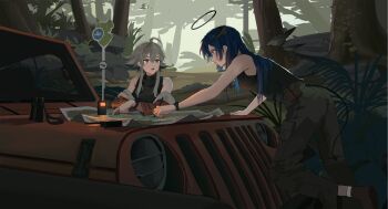 2girls ahoge arknights arm_support binoculars black_halo black_shirt blue_hair car commentary demon_horns demon_tail detached_wings fern forest green_pants grey_eyes grey_hair hair_between_eyes halo highres holding holding_pen horns jacket jeep_wrangler long_hair long_sleeves looking_at_another map mayer_(arknights) military_jeep mostima_(arknights) motor_vehicle multiple_girls nature northkiyou off_shoulder outdoors pants pen plant pointing red_jacket road_sign shirt short_hair_with_long_locks sidelocks sign sleeveless sleeveless_shirt standing tail tree walkie-talkie watch wings wristwatch