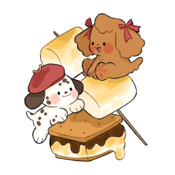 animal animal_focus beret commentary dalmatian dog english_commentary food graham_cracker hat marshmallow mjoyart original red_ribbon ribbon roasted_marshmallow s'more simple_background toothpick undersized_animal white_background