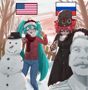 2girls ^_^ alcohol american_flag aqua_hair black_coat blush bottle brown_gloves character_snowman closed_eyes coat commentary denim double_v drill_hair drunk english_commentary gloves half-closed_eyes hat hatsune_miku highres holding holding_bottle jeans joseph_stalin kasane_teto long_hair long_sleeves multiple_girls open_mouth pants red_eyes red_hair red_scarf red_sweater rivetingroast russian_flag scarf smile smirnoff_(vodka) snowman squeans sweater twin_drills twintails ushanka utau v very_long_hair vocaloid vodka winter_clothes winter_coat