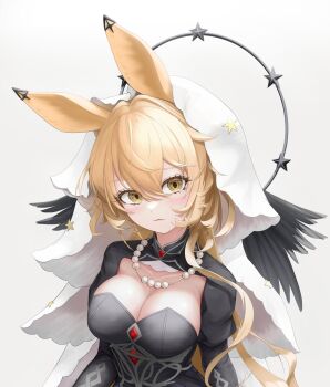 1girl animal_ears arknights black_dress black_wings blonde_hair blush breasts cleavage closed_mouth commentary_request dorothy_(arknights) dorothy_(hand_of_destiny)_(arknights) dress halo highres jewelry large_breasts long_hair looking_at_viewer mouse_ears necklace official_alternate_hairstyle shrug_(clothing) simple_background solo strapless strapless_dress upper_body veil very_long_hair white_background wings yellow_eyes yongdogi