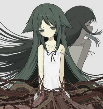 Rule 34 | 2girls, anze (cafyj8), dress, flat chest, flesh, green eyes, green hair, hair flaps, intestines, long hair, multiple girls, organs, pale skin, ribbon, saya (saya no uta), saya no uta, sleeveless, sleeveless dress, sundress, very long hair, white background, white dress