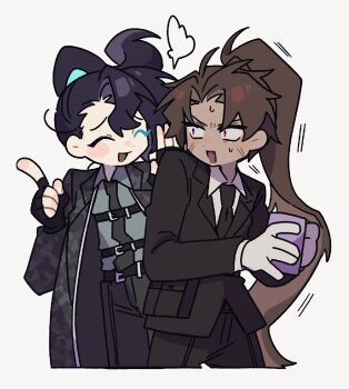 2boys ahoge belt black_belt black_coat black_gloves black_necktie brown_hair camouflage camouflage_coat chest_harness coat collared_shirt commentary_request cowboy_shot fang fingerless_gloves full-stop_office_(identity)_(project_moon) gloves grey_shirt harness heathcliff_(project_moon) high_ponytail highres hong_lu_(project_moon) lapels limbus_company long_hair multiple_boys nantekottawo!! necktie notched_lapels open_mouth ponytail project_moon shirt smile very_long_hair white_gloves