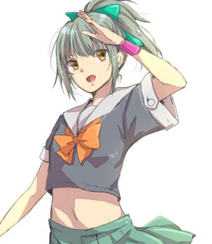 Rule 34 | 10s, 1girl, bad id, bad pixiv id, bow, brown eyes, crop top, crop top overhang, female focus, grey hair, hair bow, hiki-wota, kantai collection, midriff, navel, open mouth, personification, ponytail, salute, school uniform, serafuku, short hair, sketch, skirt, solo, yuubari (kancolle)
