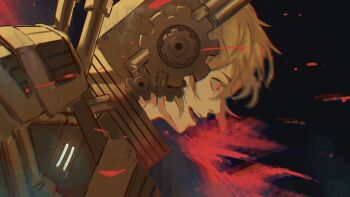 1girl blonde_hair blood blood_splatter brown_armor commentary don_quixote_(project_moon) english_commentary from_side gears glowing glowing_eyes hvcassini98 limbus_company official_alternate_costume open_mouth project_moon red_eyes short_hair smile solo steampunk t_corp._(identity)_(project_moon)