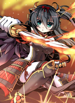 Rule 34 | 1girl, armor, bare shoulders, bird girl, black hair, black wings, bodysuit, breastplate, breasts, emil chronicle online, fiery background, fire, flaming sword, flaming weapon, gloves, green eyes, hair ornament, hair ribbon, holding, holding sword, holding weapon, houou alma, japanese armor, katana, kusazuri, large breasts, long hair, one side up, open mouth, poporu, red ribbon, ribbon, shin guards, solo, sword, weapon, white bodysuit, white gloves, wings
