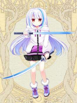 1girl black_skirt blue_hair dairoku_ryouhei dual_wielding expressionless full_body holding holding_sword holding_weapon hood hoodie long_hair looking_at_viewer mitsuhi_lecott multicolored_hair purple_shoes red_eyes shikito_(yawa0w0) shoes skirt solo standing streaked_hair sword very_long_hair weapon white_hair white_hoodie yellow_background