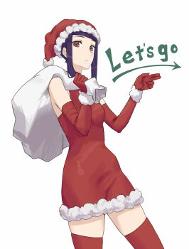 1girl alternate_costume asakiri_koko commentary_request cowboy_shot dress elbow_gloves english_text from_side frown fur-trimmed_dress fur-trimmed_jacket fur_trim gloves hat highres jacket jill_stingray long_sidelocks looking_at_viewer purple_hair red_dress red_eyes red_gloves red_hat red_thighhighs sack santa_costume santa_hat sidelocks simple_background sleeveless sleeveless_dress solo swept_bangs thighhighs va-11_hall-a white_background wrist_cuffs