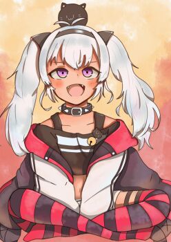 Rule 34 | 1girl, ahoge, black collar, black headband, black jacket, black shirt, black thighhighs, blush, collar, dark-skinned female, dark skin, fangs, grey hair, headband, highres, jacket, looking at viewer, matsukai mao, matsukai mao (1st costume), nijisanji, open mouth, purple eyes, red thighhighs, seele (chanseele0128), shirt, shorts, smile, solo, spiked collar, spikes, striped clothes, striped thighhighs, thigh strap, thighhighs, twintails, virtual youtuber, white shorts