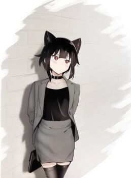 alternate_costume animal_ear_fluff animal_ears arms_behind_back bag belt_buckle black_bag black_choker black_ears black_hair black_shirt black_thighhighs blush brick_wall buckle cat_ears cat_girl choker closed_mouth collarbone commentary english_commentary feet_out_of_frame formal_clothes grey_background grey_skirt grey_suit head_tilt highres holding holding_bag kono_subarashii_sekai_ni_shukufuku_wo! laptop_bag long_sleeves looking_to_the_side megumin meguminimalist office_lady pencil_skirt red_eyes shirt short_hair sidelocks skirt standing suit thighhighs zettai_ryouiki