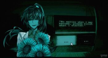 1girl aqua_theme bouquet carmen_(project_moon) collared_shirt dialogue_box english_text flower highres holding holding_bouquet lapels limited_palette lobotomy_corporation long_hair looking_at_viewer no_i&#039;m_not_a_human notched_lapels open_mouth ponytail porch project_moon shirt smile solo sunflower tooconfused upper_body